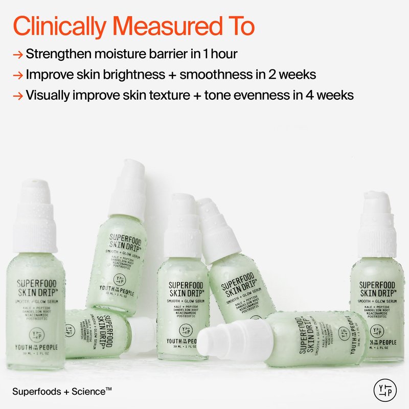 Youth To The People Superfood Skin Drip Glow Barrier Serum - Peptides + Niacinamide, Strengthens Skin Barrier, Evens Tone, Smooths Texture, Dewy Finish Makeup Primer, for All Textures, Vegan - 1 floz