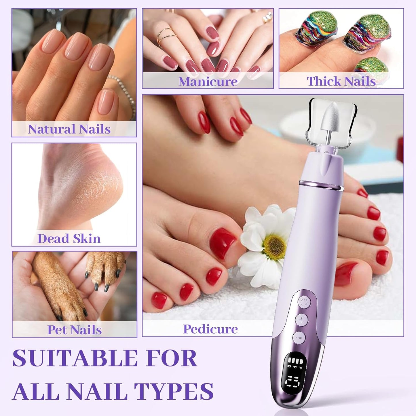 Aleanu Cordless Nail Drill Kit - 10 Speed Rechargeable Manicure & Pedicure Tools for Thick Nails, Cuticles & Pets (Purple)
