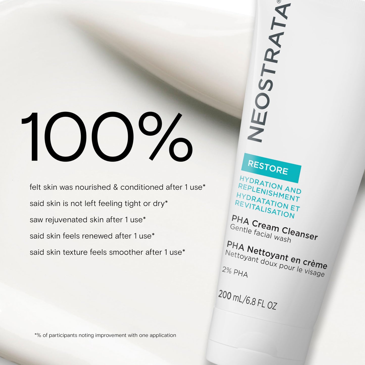 NEOSTRATA Restore PHA Cream Cleanser, Gentle Daily Hydrating Face Wash and Makeup Remover for Sensitive Skin, 6.8fl oz