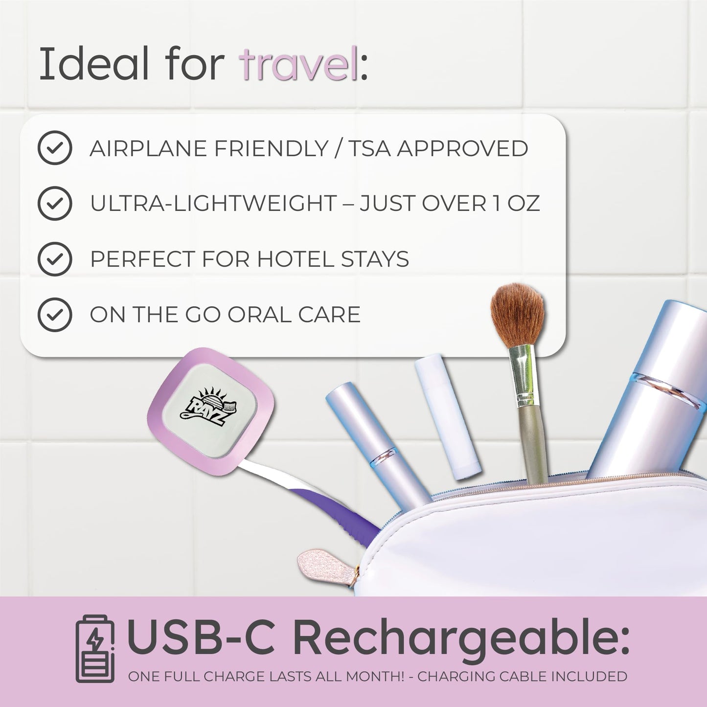 Rayz UV-C Toothbrush Sanitizer | Portable & Rechargeable | 99.9% Sanitization in 3 Minutes | Wall Mountable, Travel-Friendly & TSA-Approved (Lavender)