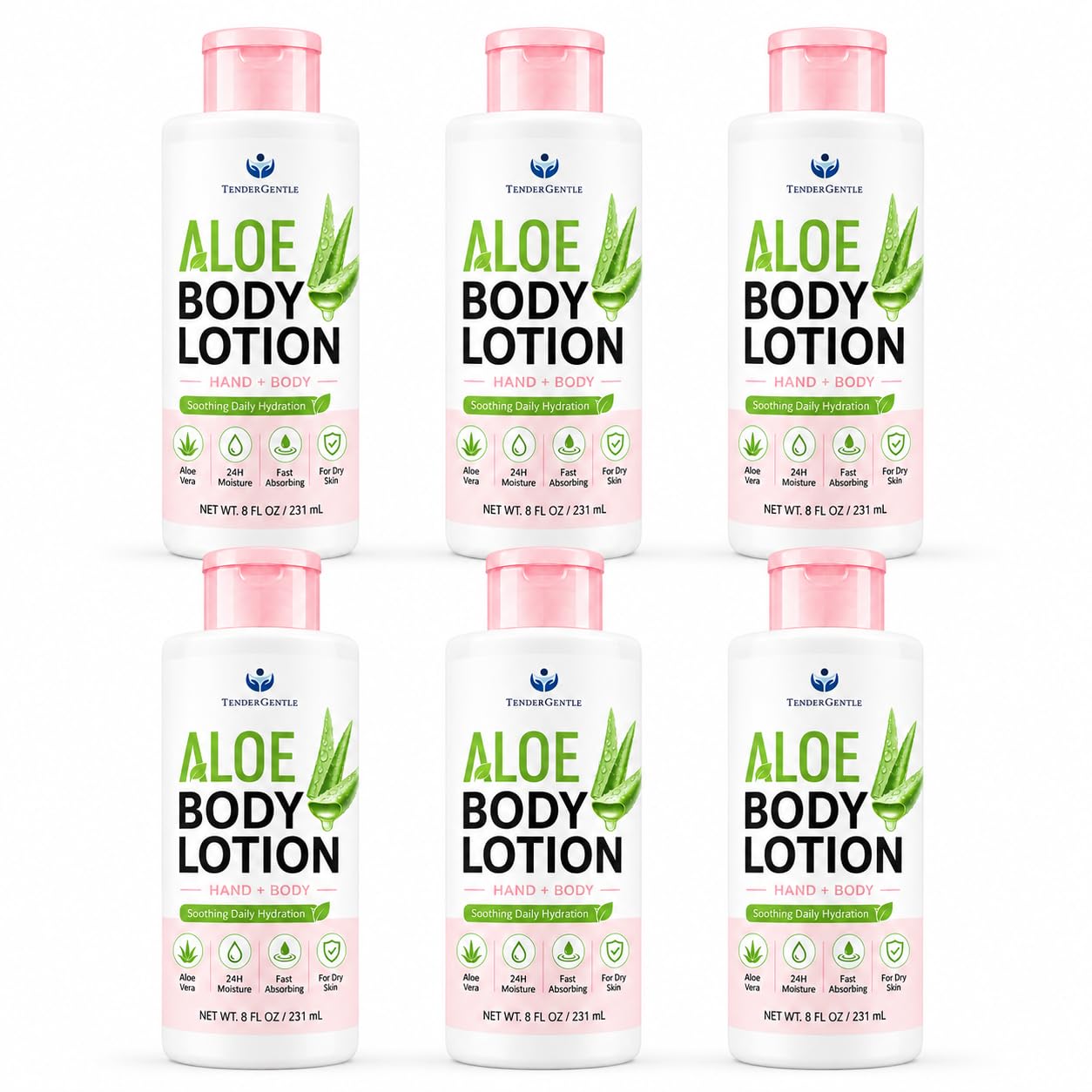 TenderGentle Aloe Lotion for Hands and Body - 6 Bottles with 8 oz of Aloe Vera Lotion for Dry Skin - Good for Sensitive Skin and Extra and Severely Dry Skin - Aloe Vera Moisturizer