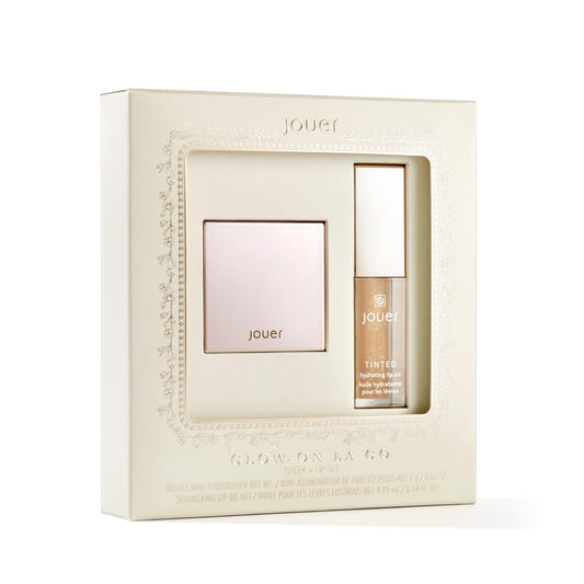 Jouer Glow On La Go Cheek & Lip Set - Deluxe Ice Highlighter + Diamond Shimmering Tinted Lip Oil - Highlighter Powder for Face - Luminizing Powder & Shimmer Lip Oil