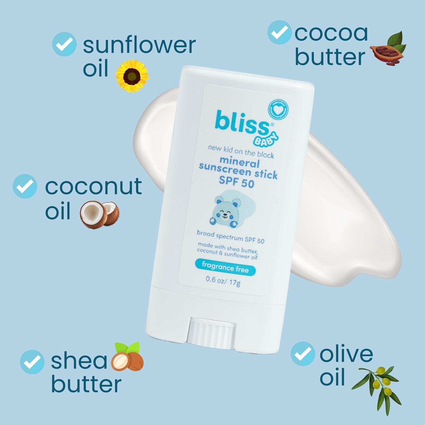 Bliss Baby Mineral Face Sunscreen Stick, SPF 50, Natural Zinc Oxide, Unscented, Hypoallergenic & Dermat Tested, Water-Resistant, Vegan, Sensitive Skin - For Toddlers, Babies, Kids & Whole Family