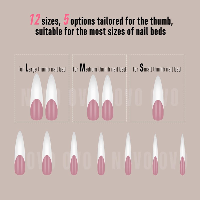 NOVO OVO Halloween XXL Curved Stiletto Almond French Tip Nail Tips Press on, BERRY PINK Full Cover Extra Thick Long XL Acrylic Hawk Curve Fake Extension Kit, Need Builder Gel, for DIY 12 Sizes 144 pcs