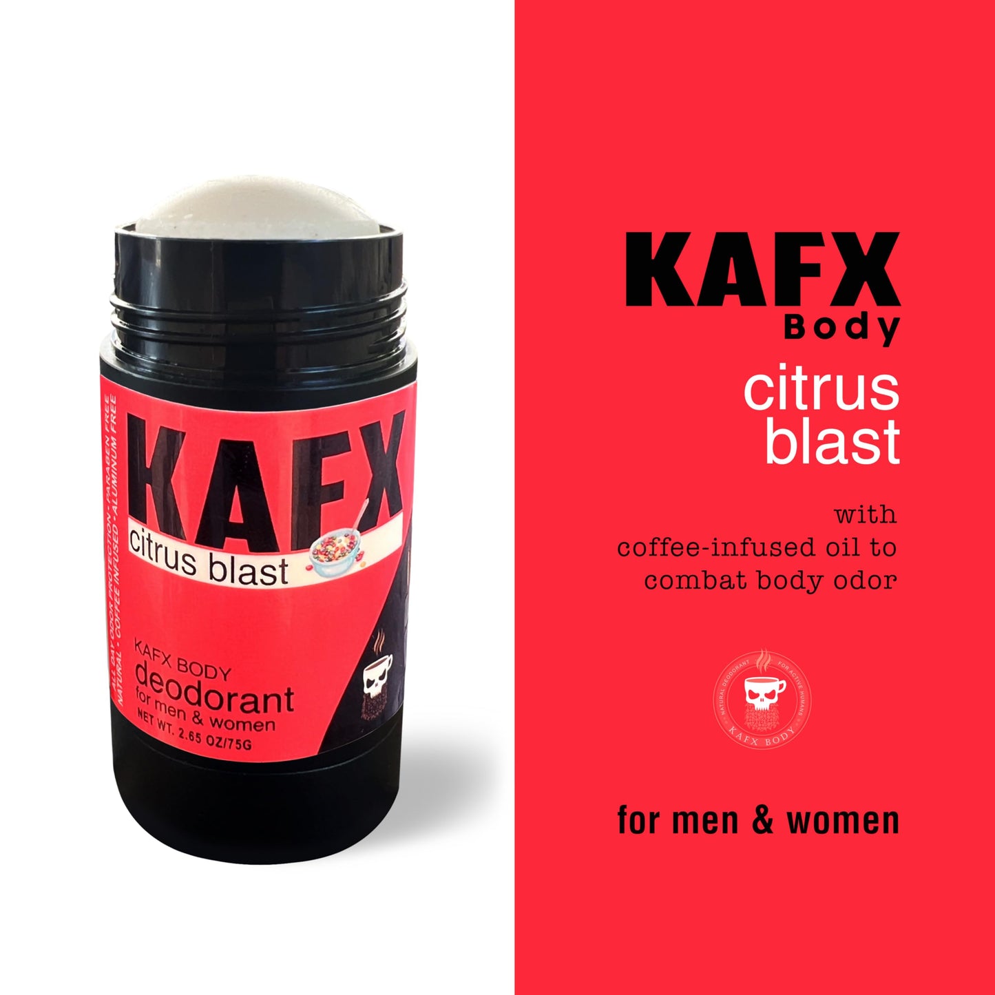KAFX Body Citrus Blast Deodorant for Women and Men - Organic and Natural, Aluminum-Free, Coffee Oil-Infused for Long-Lasting Odor Protection, Single Pack, Paraben-Free, 2 Pack, 2.65 oz/75 g