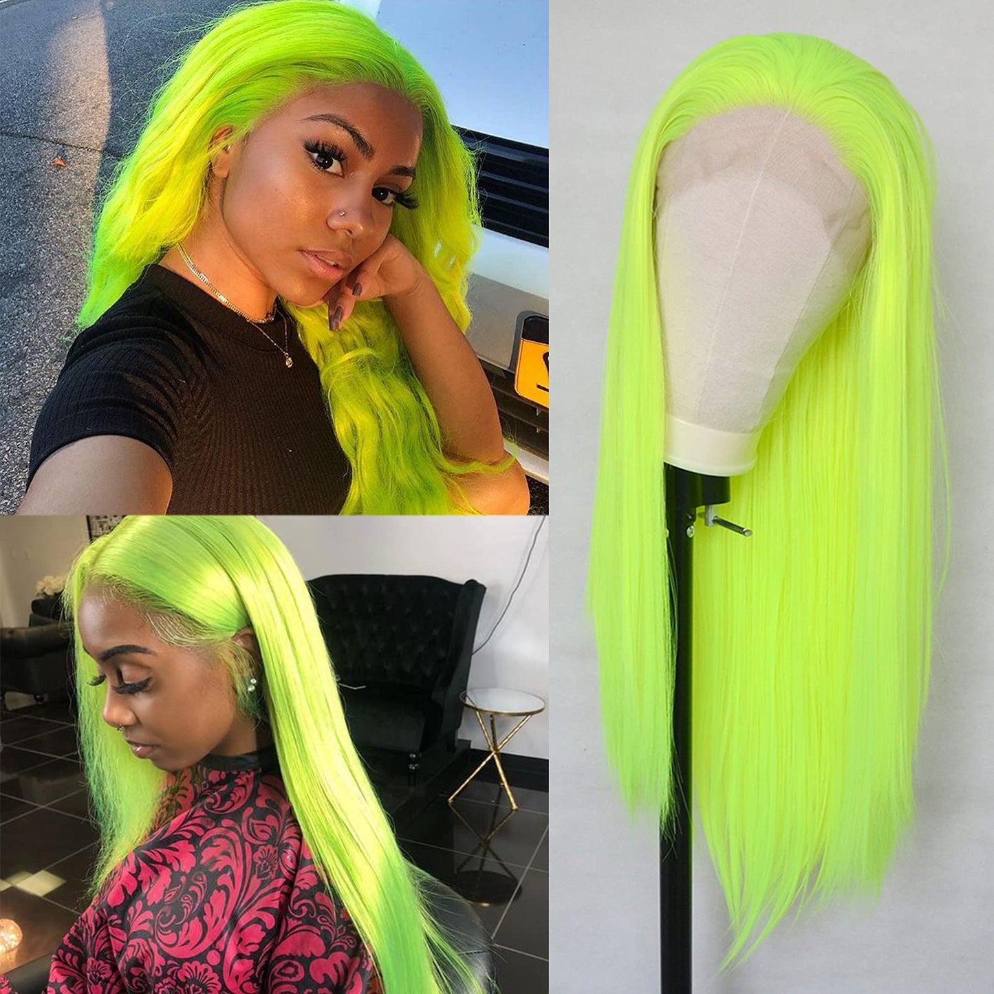 Luwigs Fluorescent Green Synthetic Lace Front Wigs Long Natural Straight Heat Resistant Replacement Wigs Bright Neon Yellow High Temperature Fiber Hair (22 Inch, Straight,Fluorescent Green)