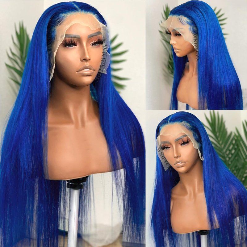 WKIPYCPK Blue Synthetic Lace Front Wig, Long Straight Dark Blue Lace Front Wig Pre Plucked Natural Hairline, Heat Resistant Fiber Hair Navy Blue Lace Front Synthetic Wigs for Fashion Woman