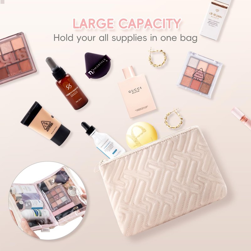 Leudes Makeup Bag Travel Essentials Cute Skincare Pouch Purse Cosmetic Bags for Women Traveling Make Up Organizer Portable Clear Case Toiletry Bag with Zipper (Pink, Medium)
