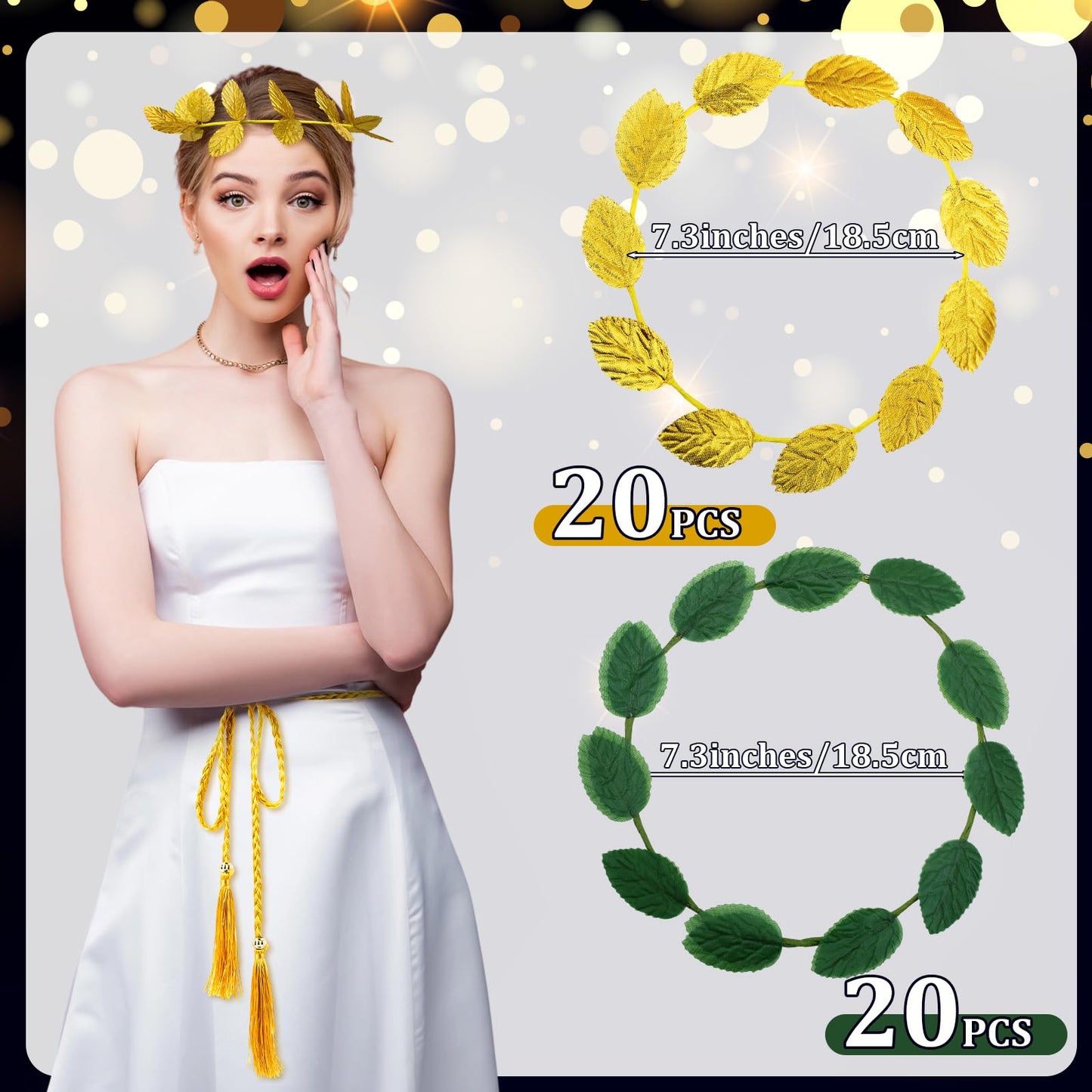 Suncalla 40 Pcs Greek Headband for Toga Party, 7.28 Inch Gold and Green Laurel Wreath Headbands, Greek Roman Goddess Headbands, Golden Leaf Crown Headpiece for Women Toga Party Decor and Photo Props