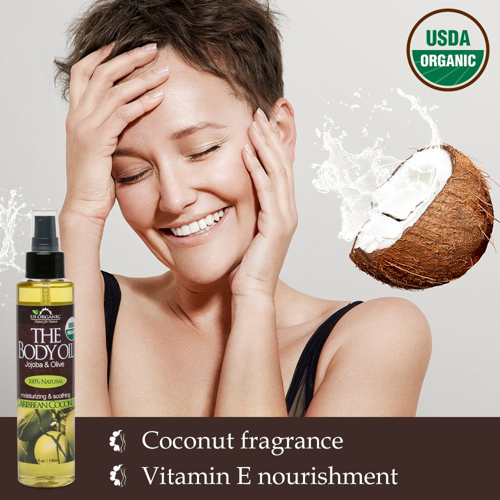 US Organic Body Oil, Smooth Caribbean Coconut - Jojoba and Olive Oil with Vitamin E, USDA Certified, No Alcohol, Paraben, Artificial Detergents, Color or Synthetic perfume, 5 Fl.oz (Caribbean Coconut)