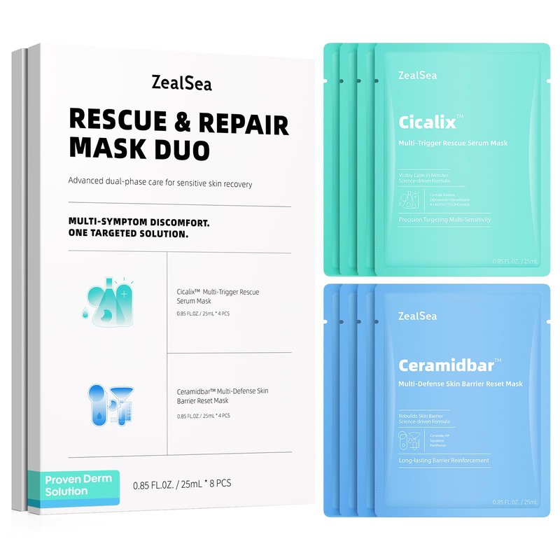 ZealSea Cicalix & Ceramidbar Face Masks Skincare Set, Derm Solution Sheet Mask for Multi-Trigger Sensitivity, Soothing & Calming, Strengthen & Restore Skin, Facial Mask with Cica & Ceramide, 16 Pack