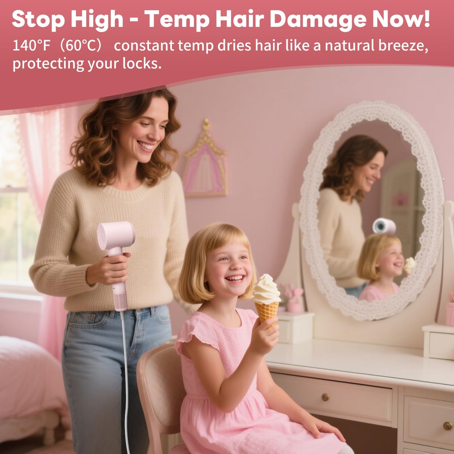 Hair Dryer, High-Speed Ionic Low Noise Blow Dryer with Brushless Motor for Fast Drying, Thermo-Control Quiet Compact Pink Hair Blow Dryers with Magnetic Diffuser for Curly Hair for Home Travel Salon