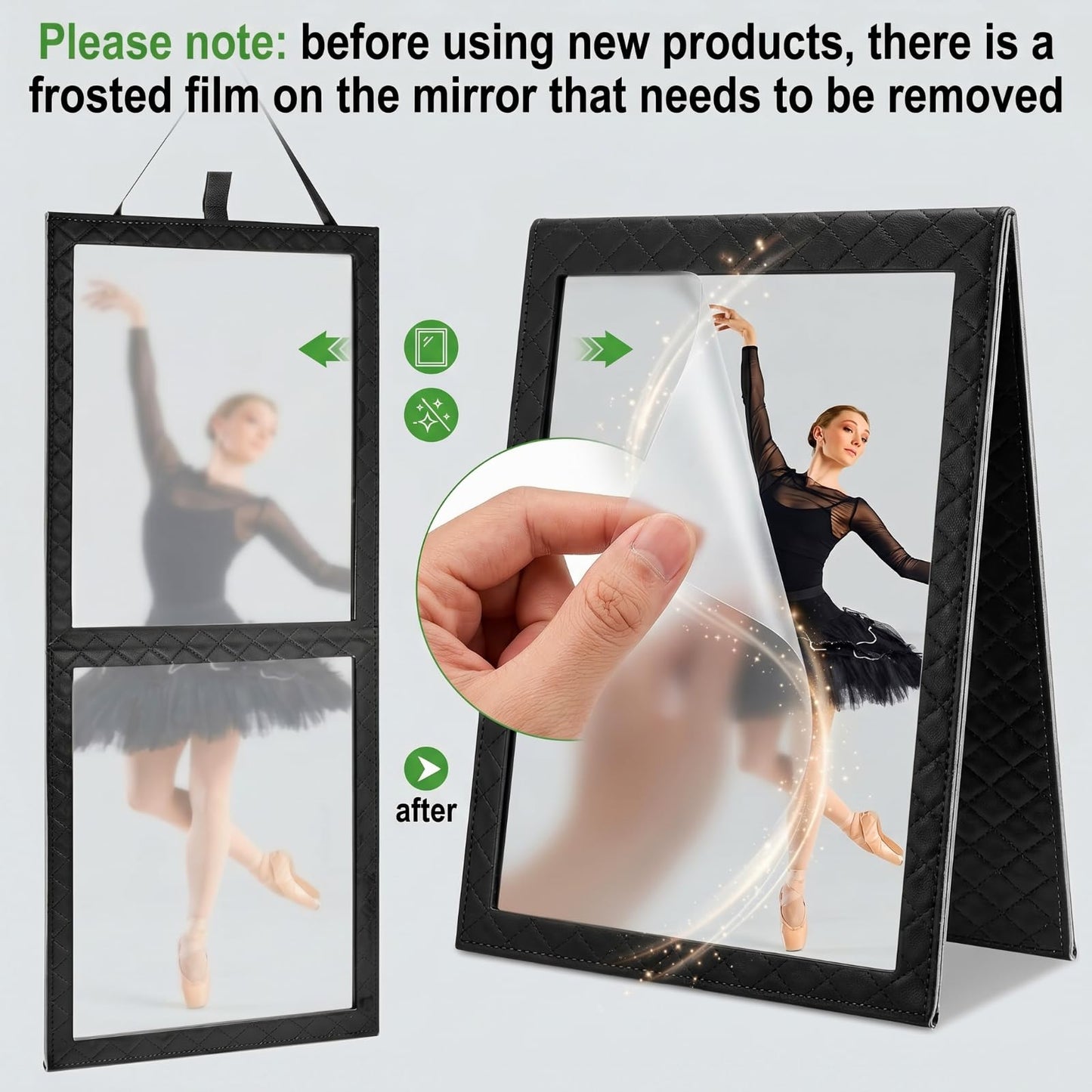Colingmill Foldable Full Length Mirror Leather 33.5" L x 13.4" W Portable Hanging Travel Mirror with Handle for Travel Dance Camping Home Fitness Spa Gift (Black, 33.5" L x 13.4" W)