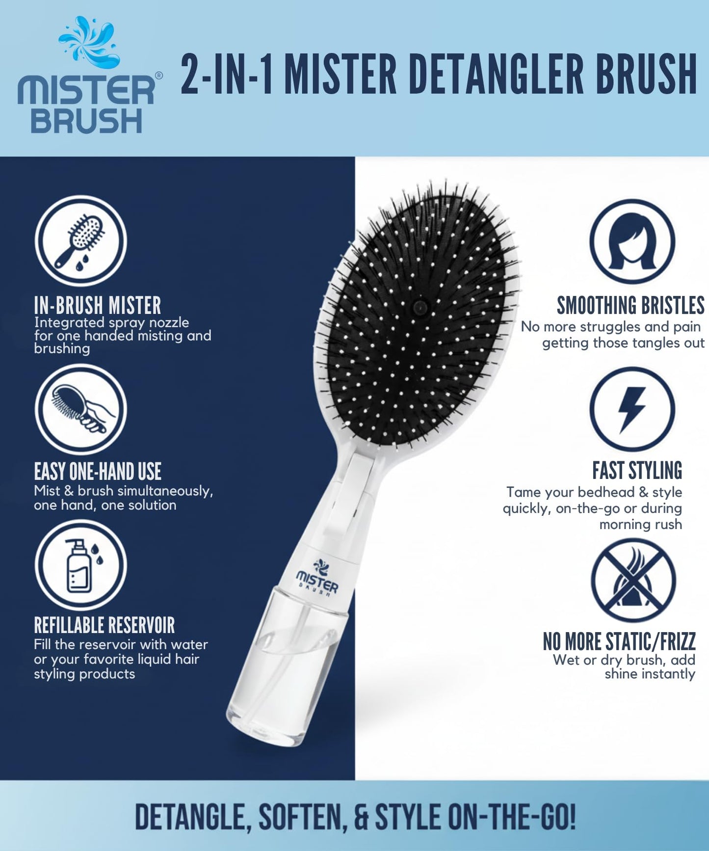 Mister Brush 2-in-1 Hairbrush Mister – Innovative Hair Mist & Brushing Tool for Wet & Dry Hair Styling – No-Tangle Bristles, Convenient Water Reservoir, Easy-to-Use (Pink)