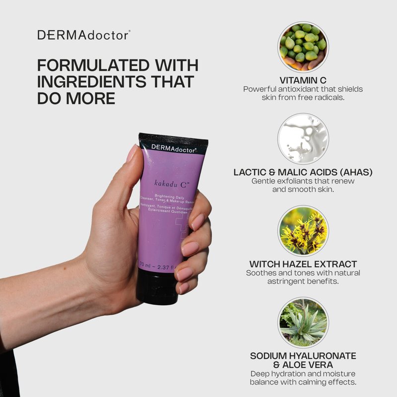 DERMAdoctor Vitamin C Face Wash – Daily 3-in-1 Vitamin C Cleanser & Makeup Remover Face Wash That Tones, Clears Pores, Lifts Oil, and Removes Sunscreen & Pollutants with Potent Kakadu Plum – 7.10 oz