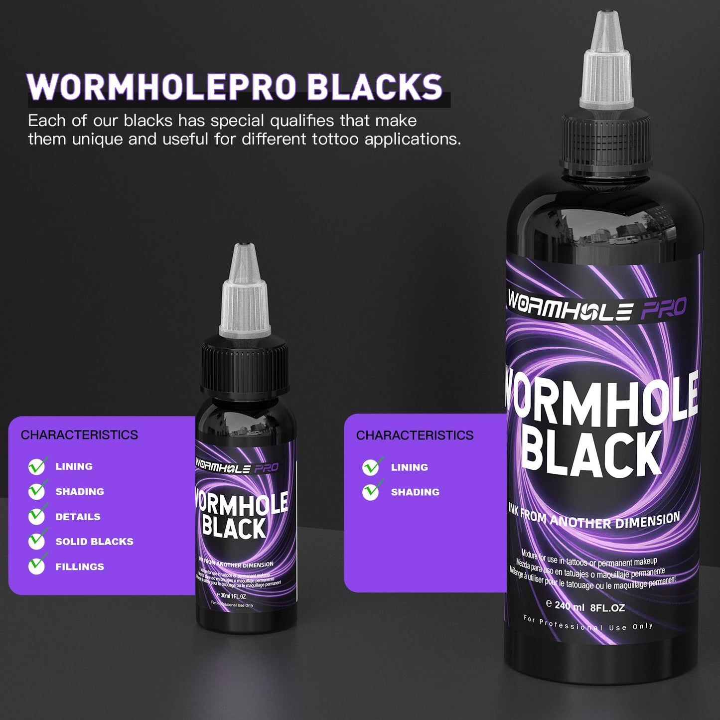WORMHOLEPRO Black Tattoo Ink Premium Long Lasting Vivid Color Tattoo Ink Vegan Friendly Tattoo Pigment Tattoo Supplies (8 oz Bottle)