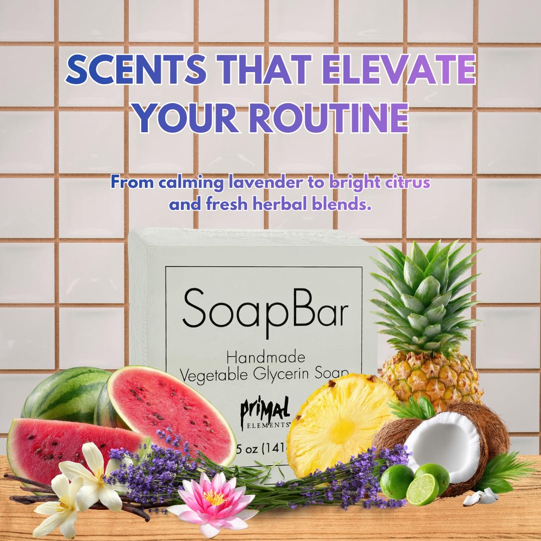Primal Elements Vegetable-Based Glycerin Scented Soap Bars for Face and Body, Moisturizing and Cleansing, Unisex for Men and Women, Travel Size, Variety Pack - Set of 7