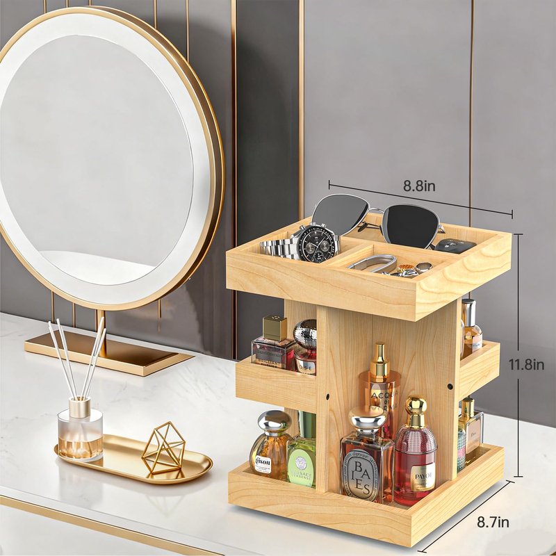 VLXXOI Cologne Organizer for Men Rotating Bathroom Counter Organizer, 3-Tier Solid Wood Storage Caddy, 360-Degree Rotating Stand, Burlywood (Burlywood A)