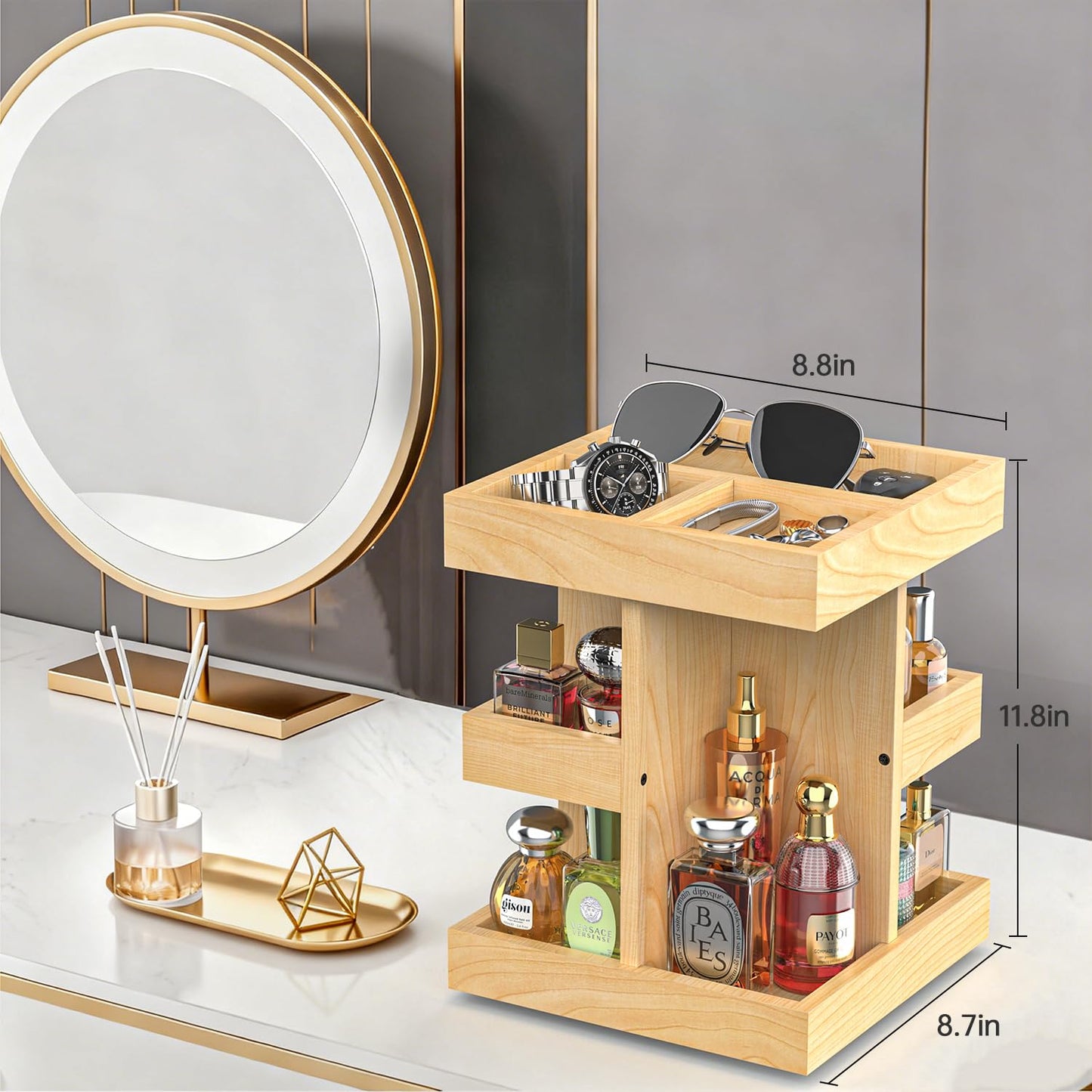 VLXXOI Cologne Organizer for Men Rotating Bathroom Counter Organizer, 3-Tier Solid Wood Storage Caddy, 360-Degree Rotating Stand, Burlywood (Burlywood A)