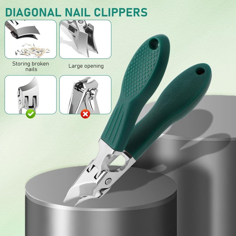 Eagle Beak Nail Clippers Set - Wide Jaw Anti-Splash Design | 3-Piece for Thick & Ingrown Nails (Green)