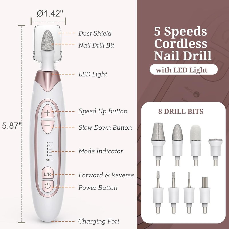 Electric Nail File - 5-Speed Cordless Nail Grinder for Thick Toenails | Manicure & Pedicure Kit with LED Light