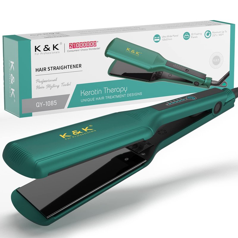 K&K 2.16 Hair Straightener for Thick, Extra Wide Flat Iron with Adjustable Temperature(248-450℉) Ceramic Coated Floating Panel, 30s Fast Heating, Dual Voltage, for Thick Curly Hair