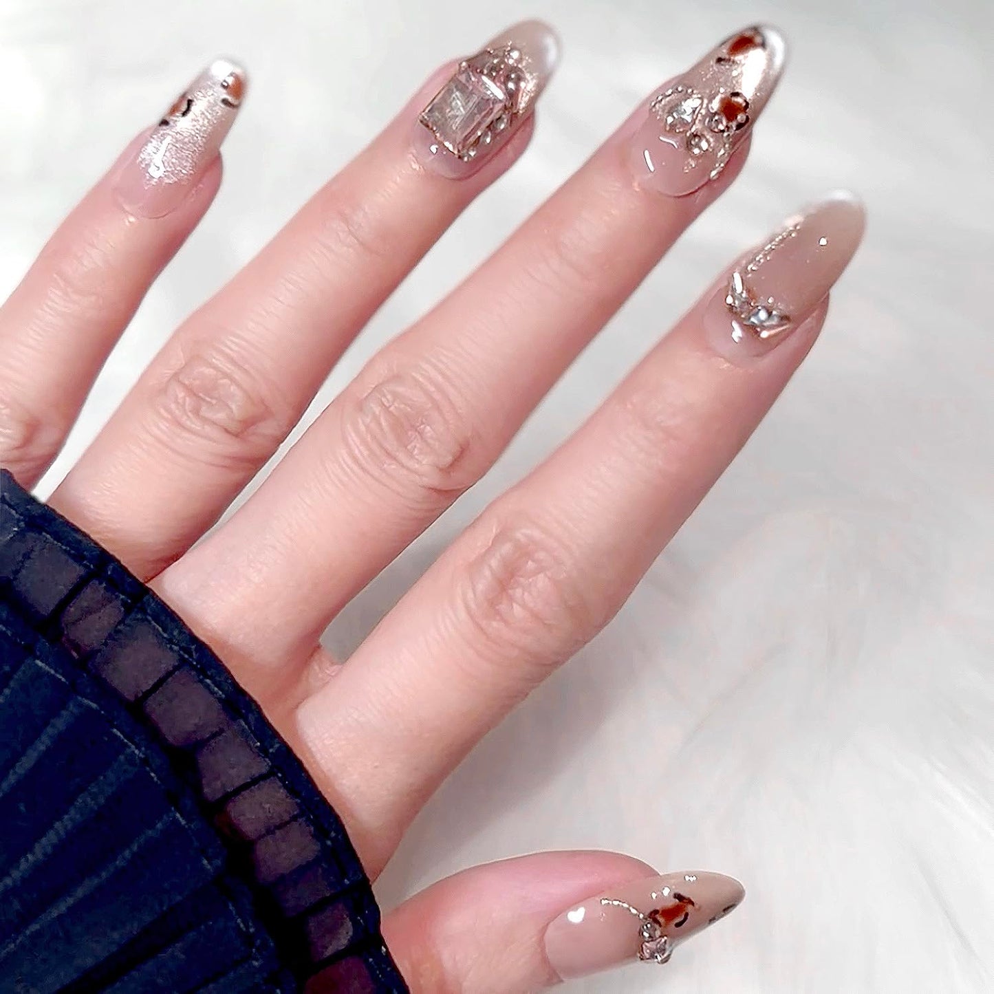 3D Sea Shell Press-On Nails - Handmade Medium Almond Beach Nail Art with Butterflies (L Size)