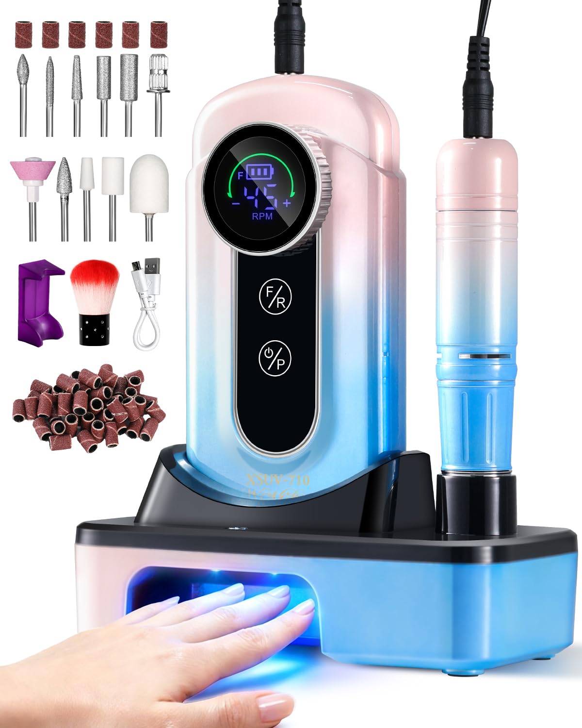 Professional Electric Nail Drill Kit - 45000RPM Cordless Rechargeable Efile for Acrylic & Gel Nails | Gradient Blue