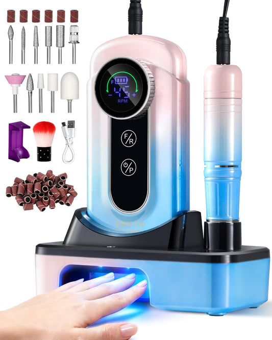 Professional Electric Nail Drill Kit - 45000RPM Cordless Rechargeable Efile for Acrylic & Gel Nails | Gradient Blue