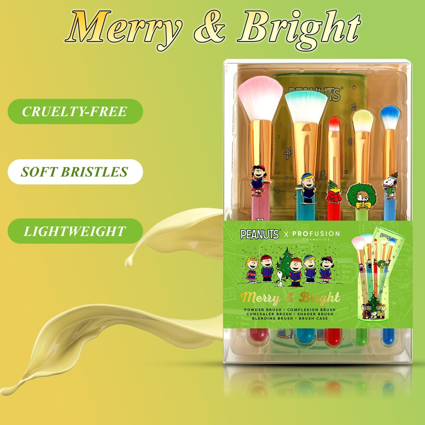 Profusion Cosmetics Peanuts Merry And Bright Brush Set with Case, Fluffy Makeup Brushes for Blending, Shading, and Blush, Achieve Holiday Beauty