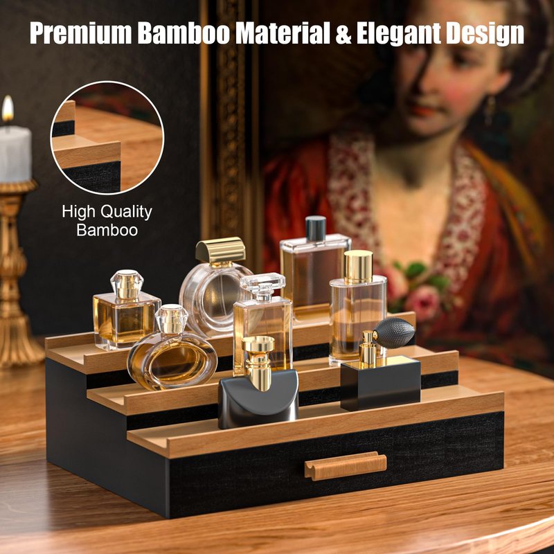 Sephyroth Cologne Organizer for Men – 3-Tier Perfume Display Shelf with Drawer and Hidden Storage, Elegant Cologne Holder, Great Gift for Men and Fathers (3T-BlackWalnut)
