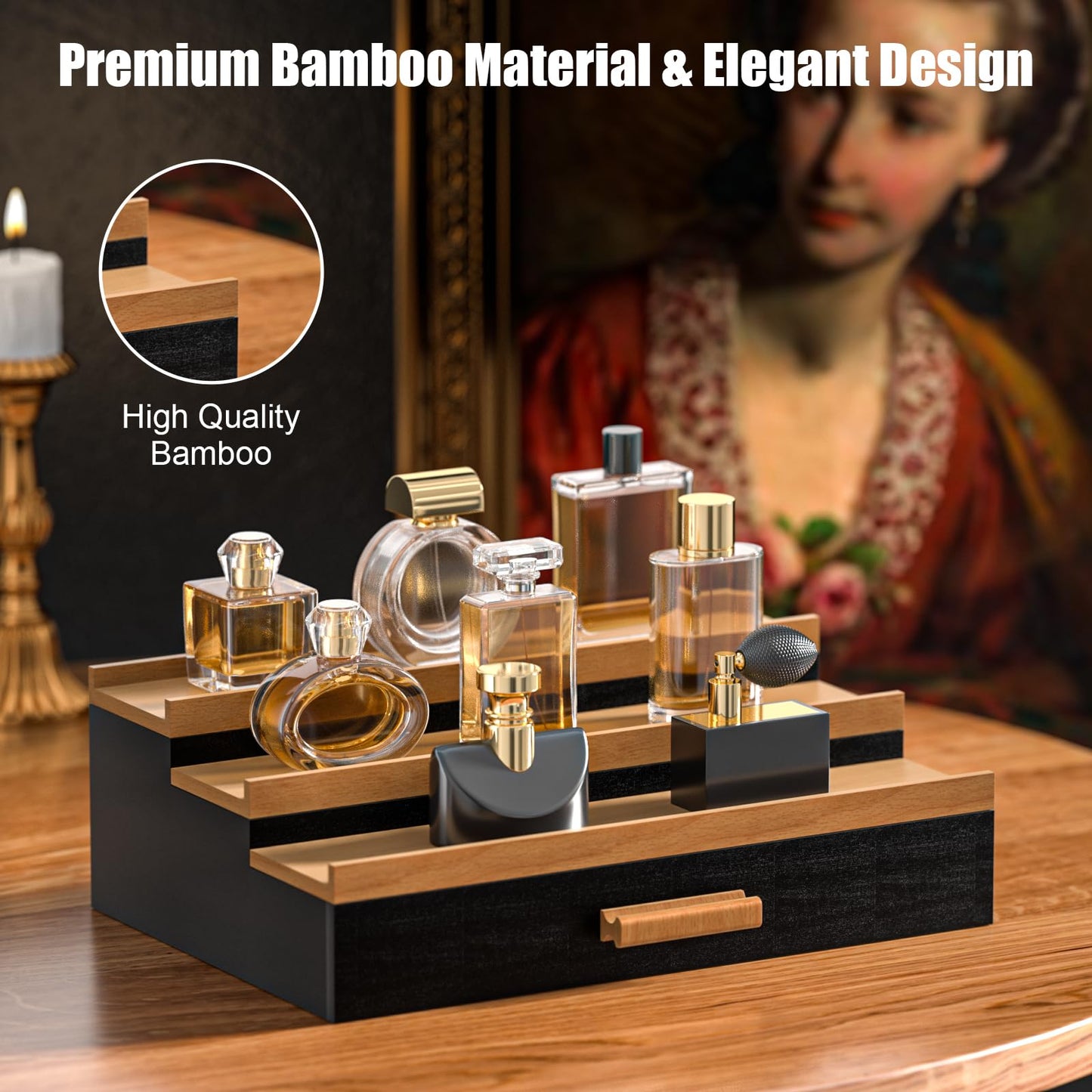 Sephyroth Cologne Organizer for Men – 3-Tier Perfume Display Shelf with Drawer and Hidden Storage, Elegant Cologne Holder, Great Gift for Men and Fathers (3T-BlackWalnut)