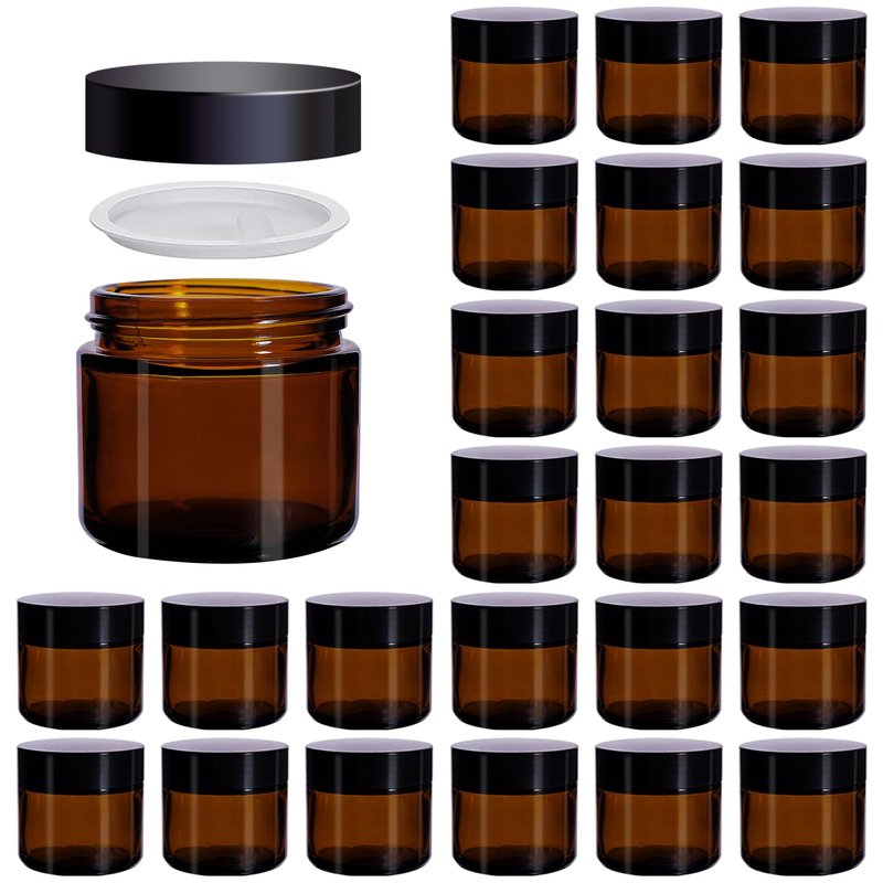 Galssmagic 2 oz Amber Glass Jars with Lids,24 Pack 2oz Small Glass Jar with Inner Liners and Black Lids,Travel Jars for Cosmetics Container,Cream Lotion,Body Scrub, Lotion