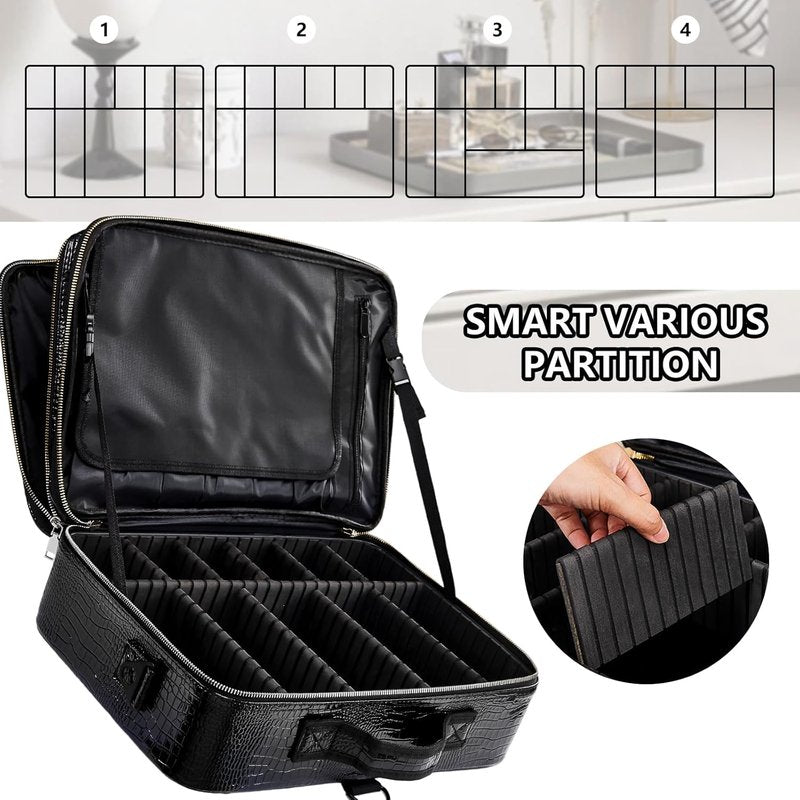 Large Capacity Travel Makeup Case Organizer - Waterproof PU Leather with Adjustable Dividers & Shoulder Strap | Perfect for Brushes & Jewelry