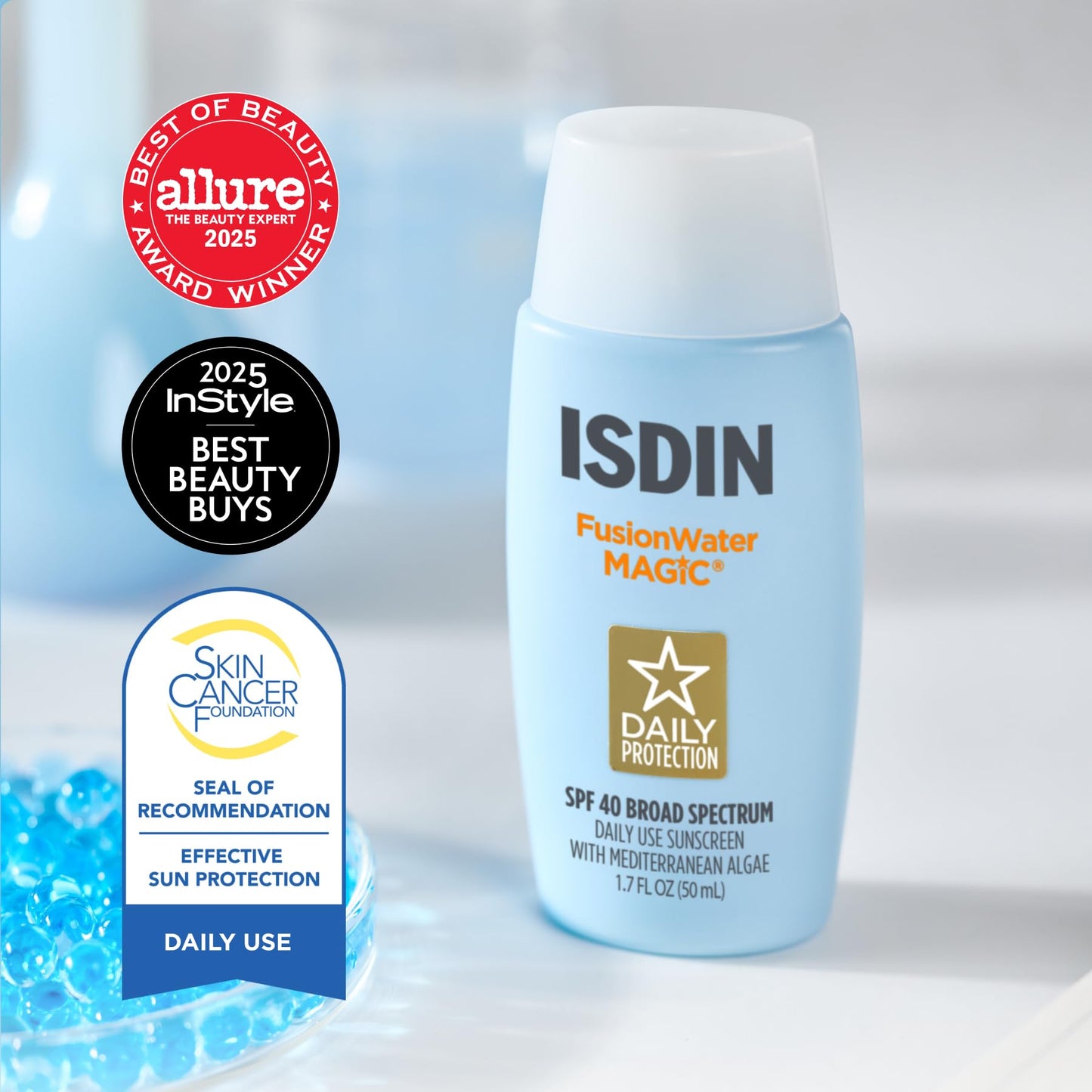 ISDIN Fusion Water MAGIC SPF 40, Lightweight Sunscreen For Face with Hyaluronic Acid and Vitamin E, Ideal for Daily Use, Dermatologist Recommended, Fast Absorbing and Non-Comedogenic