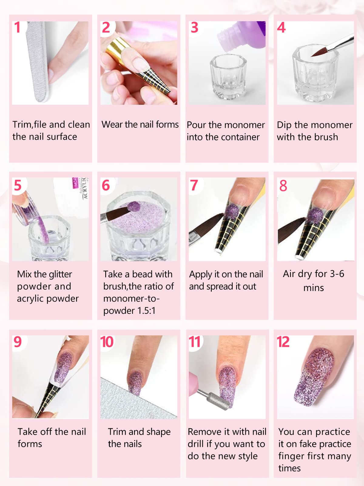 42 Colors Acrylic Nails Kits with Drill and UV Light- Acrylic Nail Powder Glitter and Monomer Liquid Kit with Nail Storage Bag, 5PCS Practice Finger
