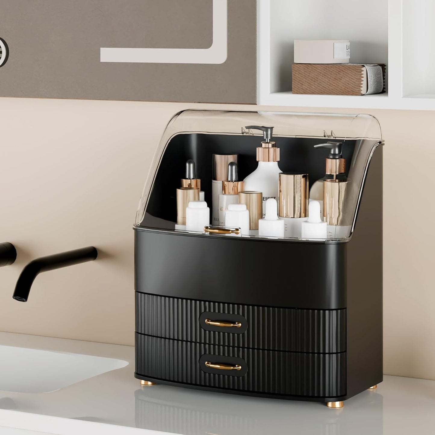 Makeup Organizer - Waterproof Dustproof Vanity with Transparent Lid & Drawers | Black Cosmetic Storage for Women & Teens