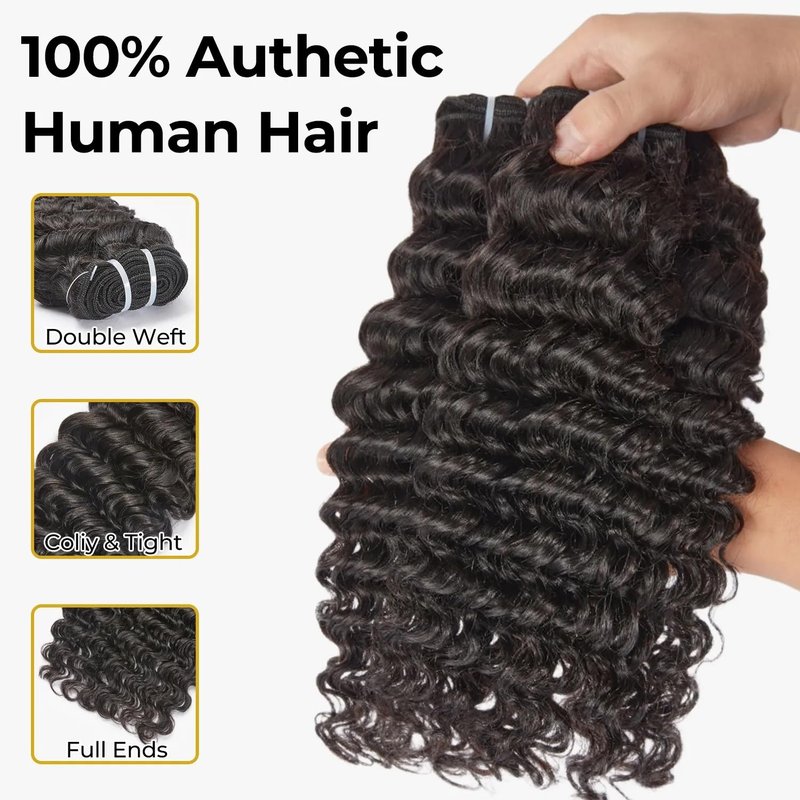 Wequeen 16A Deep Wave Water Wave Human Hair Bundles 100% Unprocessed Brazilian Virgin Hair Quick Weave Bundles Human Hair Extensions Real Human Hair,Deep Wave 14 Inch