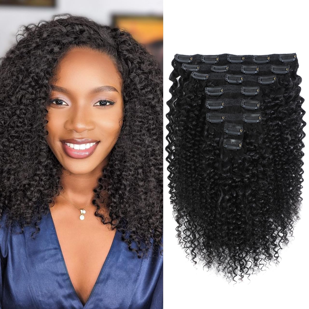 MAHKOTAKU Kinky Curly Clip ins Human Hair 3C 4A Curly Clip in Hair Extensions for Black Women 120g/set 8Pcs with 20Clips 10A Brazilian Human Hair Natural Black (14 Inch 1B)