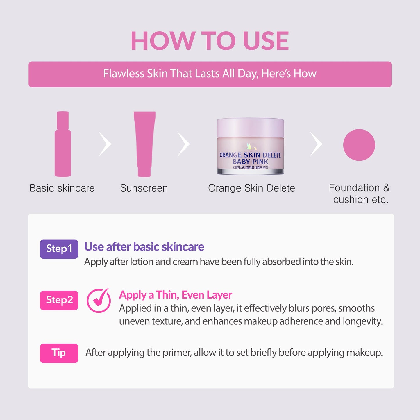 Orange Skin Delete Baby Pink Pore Primer Skin Smoothing Long Lasting Wear Korean Makeup 30g 1.06 oz