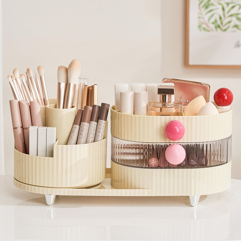 UFORU Makeup Organizer Countertop for Vanity with 360° Rotating Brush Holder, 3 Layer Cosmetic and Jewelry Storage, Makeup Display Case for Skincare&Perfume (Cream White)