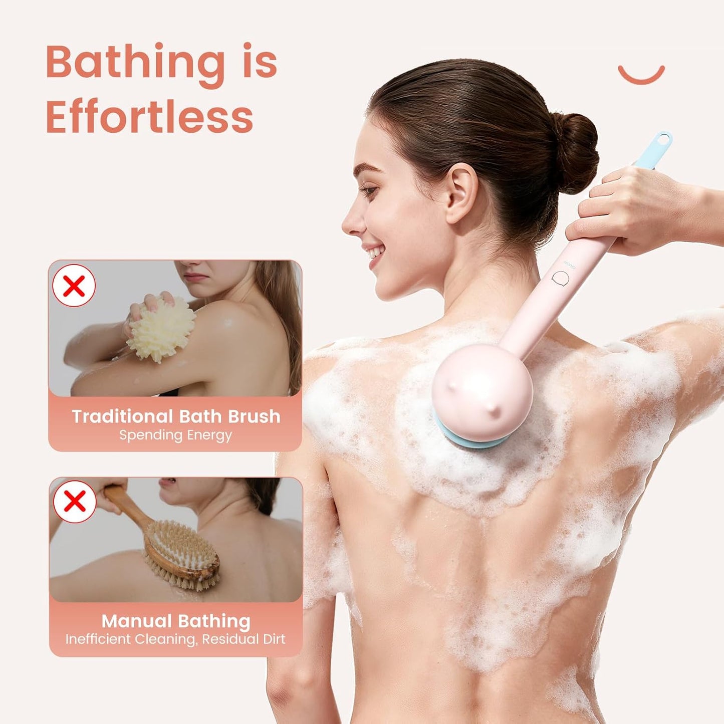 Electric Back Scrubber - Waterproof Rechargeable Body Brush with 3 Speed Modes | 2 Heads for Kids & Adults - Pink