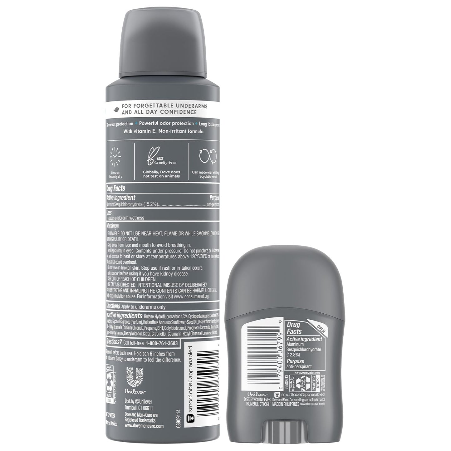 Dove Men + Care Clean Comfort Spray Deodorant & Antiperspirant 150ml / 3.8 Ounce,(4 Pack) + Travel Deodorant Stick (0.5 Oz) – 72H Protection, Long-Lasting Clean Comfort Fragrance