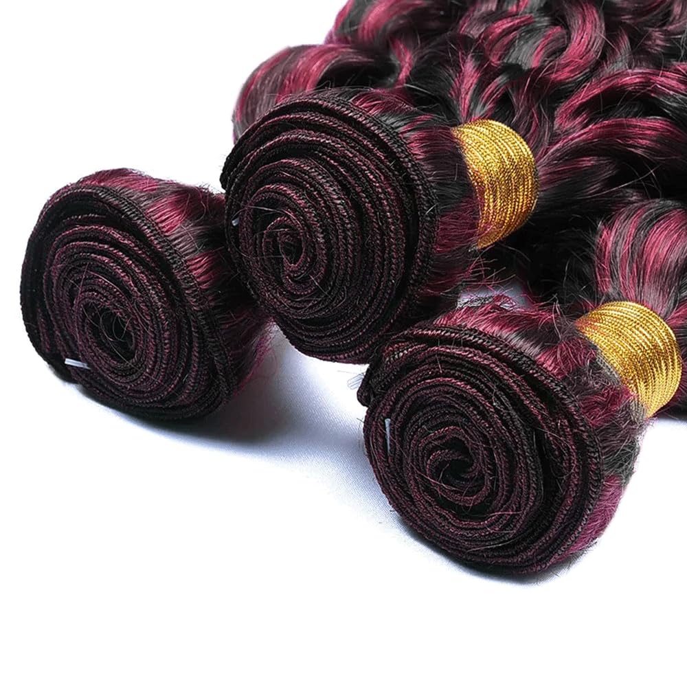 8 8 8 Inch P1B99J Bundles Highlight Deep Wave Human Hair Bundle Burgundy Hair Weave Two Tone Black Mixed With 99J Red Bundles Highlight Deep Curly Bundle