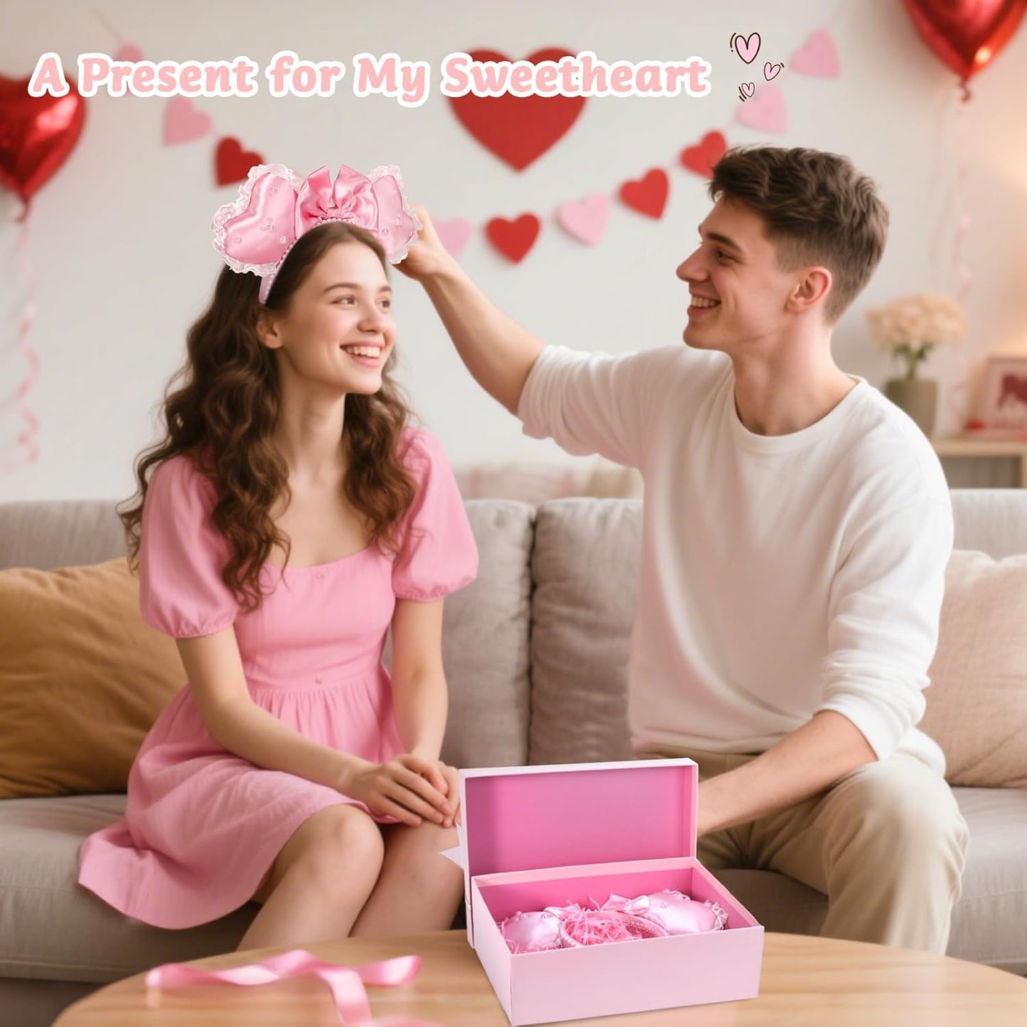 Pink Heart Coquette Headband - 3D Sweetheart Design with Pearl Lace Decor | Perfect for Valentine's Day Parties