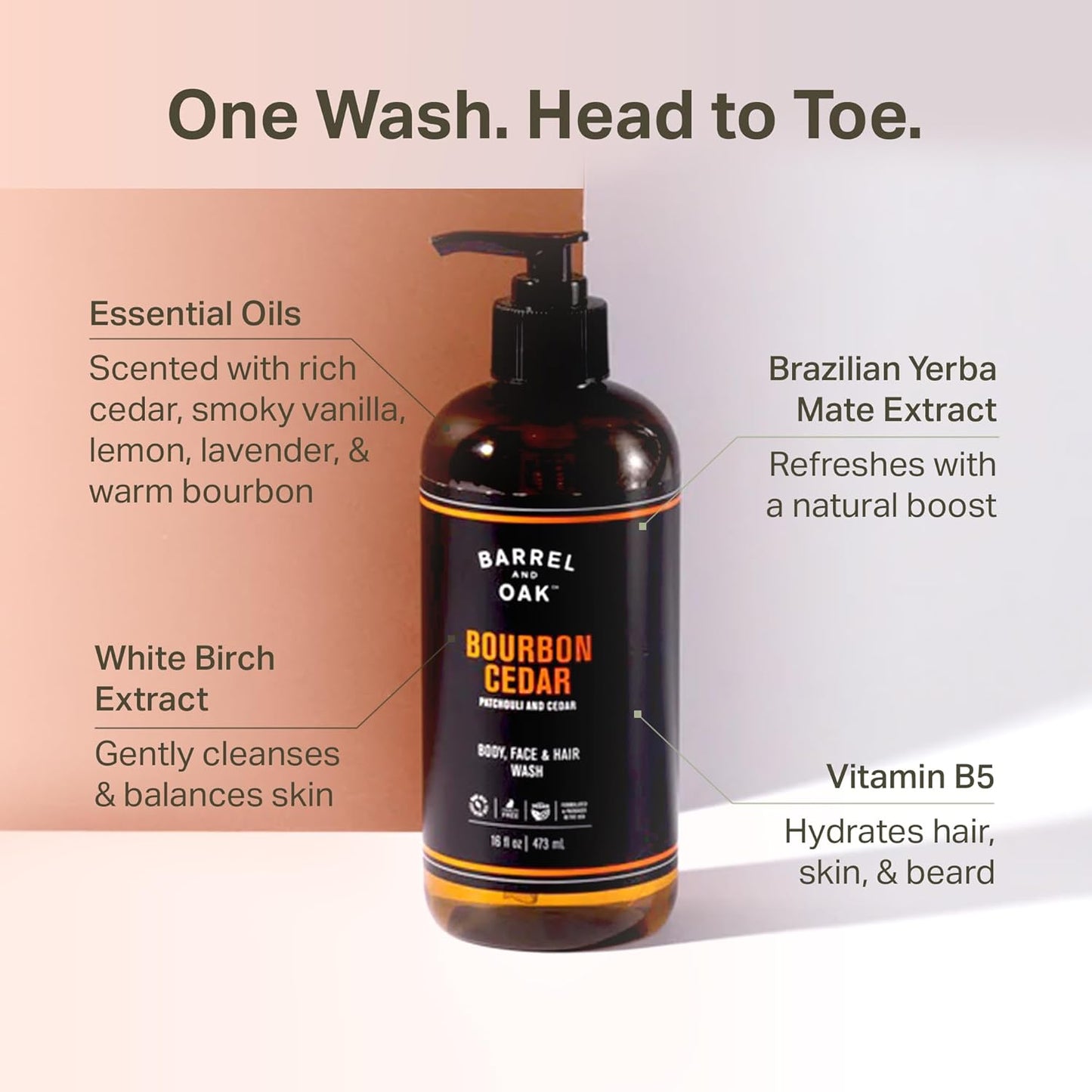 Barrel & Oak All-in-One Wash - Vegan Hydrating Face, Hair & Body Cleanser | Bourbon Cedar, 16 oz