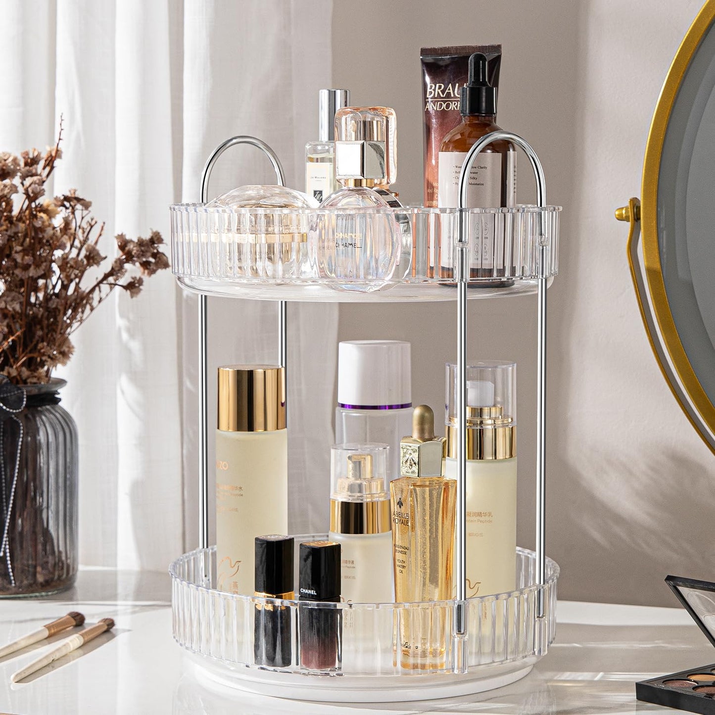 ALUYUYO 360° Rotating Makeup Organizer for Vanity, Spinning Cosmetics Organizer Holder Rack, Large Capacity Bathroom Organizer Countertop, Fits Perfume, SkinCare, Makeup Brushes 3 Tiers, Transparent
