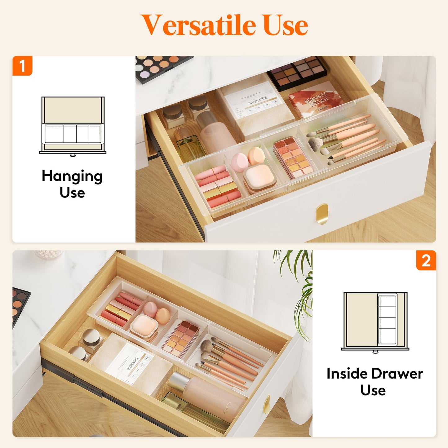 Lifewit Sliding Makeup Drawer Organizer, Fits 13-20" Deep Drawers, Extendable Hanging Divider, 1.8" High Plastic Tray for Vanity, Office, Kitchen, Translucent, 2Pcs