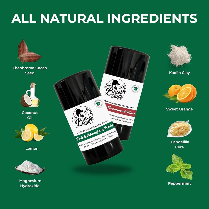 Natural Deodorant for Men - Aluminum Free Cocoa Butter & Lemon | Long-Lasting Freshness, Irish Mountain Rain & Citrus Cedarwood (Pack of 2)