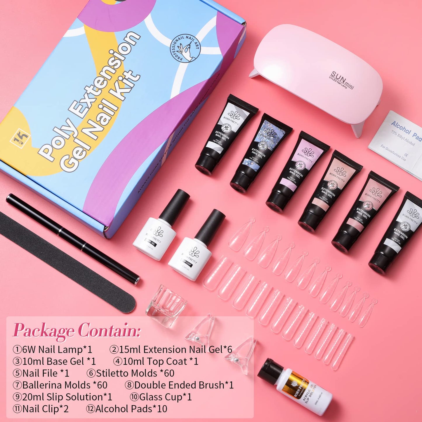 BORN PRETTY Poly Nail Extension Gel Kit-6 Colors Poly Nails Gel Kit Nude Clear Jelly Pink All In One Kit Builder Glue Gel with Nail Lamp Base Top Coat Set Nail Forms French Manicure Set for Beginner Starter DIY at Home Mother's Day Gifts